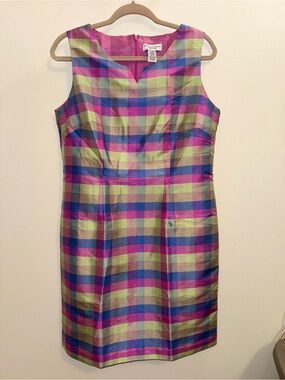 Pure & Simple Pink & Green Plaid Sheath Dress, 100% Silk